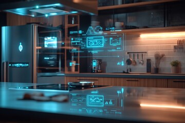 Fototapete - A contemporary kitchen highlights smart appliances and a holographic interface, enhancing culinary experiences with innovative technology. Generative AI