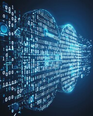 Poster - Abstract Digital Background with Binary Code Streams and Glowing Circular Elements Representing Data Flow and Technology in a Futuristic Environment