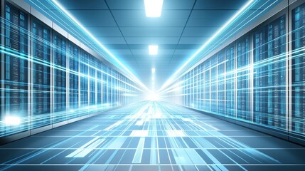 Poster - Futuristic Data Center with Glowing Lines of Light and Rows of Servers, Representing High-Speed Data Transmission and Advanced Technology Infrastructure