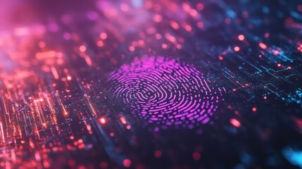 Poster - A pink fingerprint on a circuit board with lights, representing digital security.