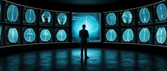 Poster - A Researcher Analyzing Multiple Brain Scans in a High-Tech Lab Environment with Digital Displays and Interactive Technology for Neuroscience Studies