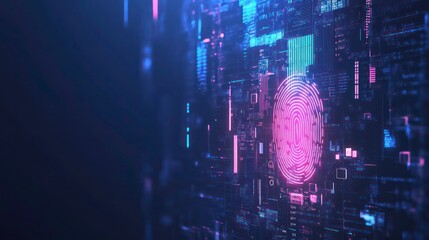 Poster - A glowing pink fingerprint icon stands out on a dark background with a circuit board.