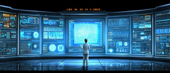 Poster - A Futuristic Control Room with Advanced Technology Showcasing Data Analysis Through Multiple Displays and High-Tech Interfaces for Monitoring and Management
