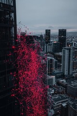 Poster - Urban skyline with digital overlay of red network connections showcasing the intersection of technology and city life in a modern metropolis at twilight.