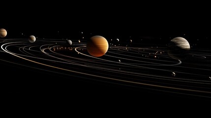 Wall Mural - Stunning Visualization of the Solar System Featuring Planets, Asteroids, and Cosmic Dust in a Beautiful Spiral Arrangement Against a Dark Background