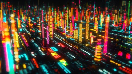 Poster - Vibrant Digital Cityscape: Abstract View of Colorful Neon Lights Representing Data Flow and Connectivity in a Futuristic Urban Environment