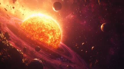 Wall Mural - Stunning Cosmic Scene Featuring a Bright Sun Surrounded by Colorful Planets and Ethereal Space Elements in an Expansive Universe Setting