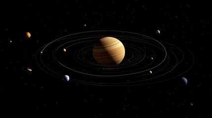 Wall Mural - Detailed Representation of the Solar System with Planets and Rings in a Dark Cosmic Background, Featuring Various Celestial Bodies and Orbital Paths