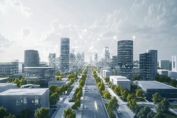 Fototapete - This futuristic smart city features advanced buildings linked by a comprehensive AI network, highlighting innovation and urban efficiency. Generative AI
