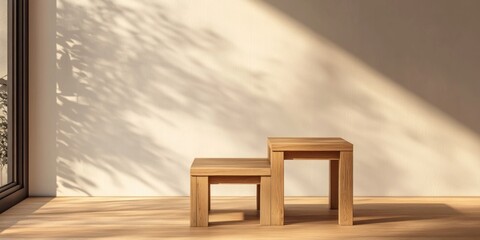 Wall Mural - Two wooden stools against a white wall with natural light casting shadows.