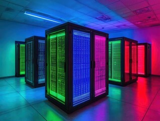 Poster - Futuristic Data Center with Colorful LED Lights Showcasing Computer Servers in a High-Tech Environment Reflecting Modern Technology and Digital Innovation