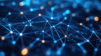 Poster - Abstract futuristic background illustrating interconnected nodes and glowing lines, representing a digital network with vibrant blue and orange dots illuminating the visual space.
