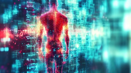 Poster - Abstract representation of a human figure silhouetted against a backdrop of colorful digital data and binary code, symbolizing technology and humanity intertwining in the modern age