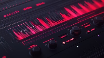 Poster - Abstract close-up of a digital equalizer display with colorful audio spectrum waveforms, showcasing sound frequencies and mixing controls in a modern design environment