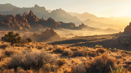 Canvas Print - A serene landscape at sunset, showcasing rugged mountains and soft, golden light illuminating a desert scene.