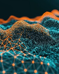 Poster - Abstract Network Visualization with Connected Nodes in Vibrant Orange and Blue Color Palette Reflecting Complex Data Structures and Digital Connectivity