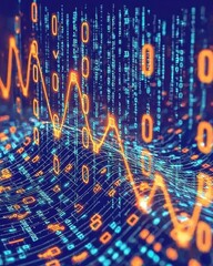 Poster - Abstract representation of data visualization with dynamic graphs and flowing binary code showcasing financial trends and analytics in a technological environment