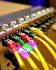 Poster - Close-Up of Colorful Ethernet Cables Connected to Networking Device in a Modern Technology Setup for Data Transmission and Connectivity Solutions