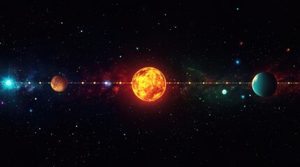 Wall Mural - Captivating Cosmic Landscape Featuring Distant Planets and a Bright Star in a Dark Galactic Background, Evoking Wonder about the Universe's Mysteries and Beauty