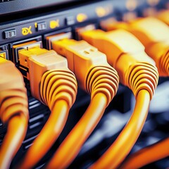 Poster - Close-Up of Brightly Colored Ethernet Cables Connected to Network Switch with Modern Technology Texture and Digital Interface for High-Speed Data Transmission