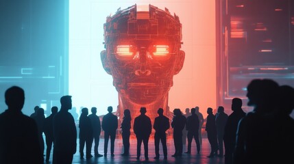 Aufkleber - A crowd stands together, captivated by a striking abstract AI installation that glows with vibrant colors, highlighting technological progress. Generative AI
