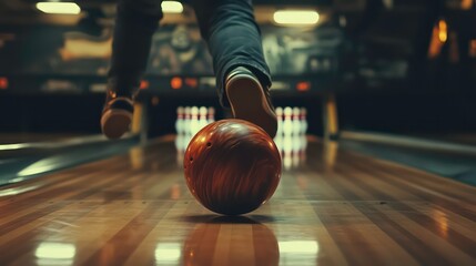 a bowler's legs and a bowling ball are in the foreground of a bowling alley lane. the pins are blurr