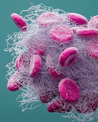 Poster - Abstract representation of biological cells intertwined with fibers, showcasing vibrant pink and delicate white textures against a teal background.