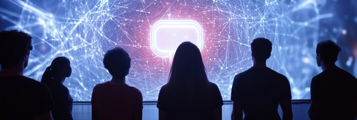 Aufkleber - A group watches an abstract AI system, exploring technology and innovation while engaged in deep discussions about its implications. Generative AI
