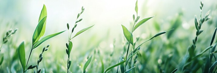 Poster - The vibrant green meadow showcases tall grasses and healthy soybeans under the warm afternoon sun, creating a serene atmosphere. Generative AI