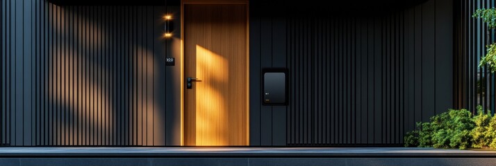 Poster - This entrance showcases cutting-edge security features including smart cameras, motion sensors, and a biometric lock for safety. Generative AI