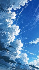 Wall Mural - Beautiful Cloudy Blue Sky Art with Light Puffy Clouds Anime Wallpaper Illustration