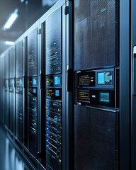 Poster - High-Tech Data Center Interior with Rows of Server Racks, Illuminated Displays, and Network Equipment in a Modern Digital Environment