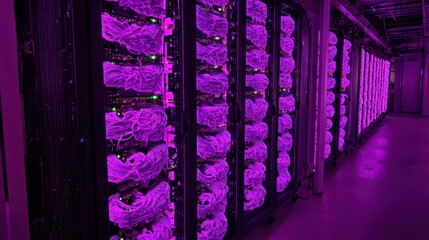 Poster - Modern Data Center Infrastructure with Illuminated Racks and Colorful Fiber Optic Cables for Networking and Technology Applications