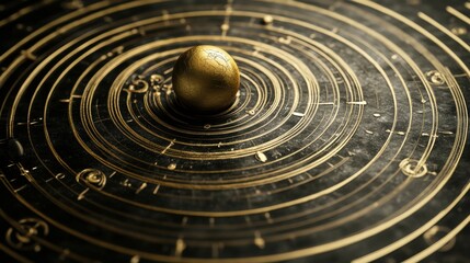 Poster - Intricate Golden Sphere Surrounded by Celestial Orbits on a Dark Background Evoking a Sense of Cosmic Wonder and Scientific Exploration in a Unique Artistic Representation
