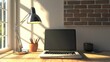© pinporn manosri - Bright and Cozy Home Office with Modern Laptop, Desk Lamp, and Potted Plant on Wooden Table Next to a Window Featuring Warm Natural Light
