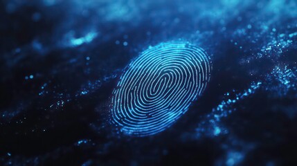 Poster - Blue fingerprint scan icon on a virtual screen: biometric security, privacy tech for business in dark setting