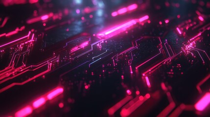 Poster - Abstract futuristic circuit board with glowing neon pink lines, illuminating dark background and creating a tech-inspired digital atmosphere
