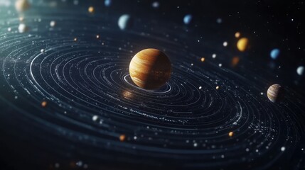 Wall Mural - Stunning Cosmic Dance of Planets with Orbiting Celestial Bodies in a Beautifully Rendered Galactic Illustration with Vibrant Colors and Depth