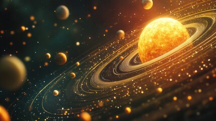 Wall Mural - A captivating cosmic scene featuring a brilliant sun surrounded by planets, rings, and colorful dust particles, showcasing the beauty of the universe and its vastness