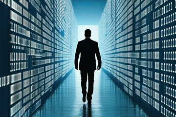 Poster - Businessman Walking Towards Door in Data Center Surrounded by Digital Information and Technology, Symbolizing Future and Innovation in Modern Industry