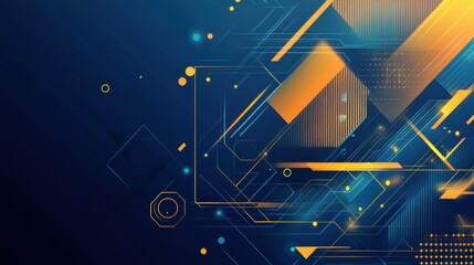 Poster - Abstract geometric background with vibrant orange and blue elements showcasing dynamic lines, shapes, and glowing circles ideal for technology, digital, and artistic themes.