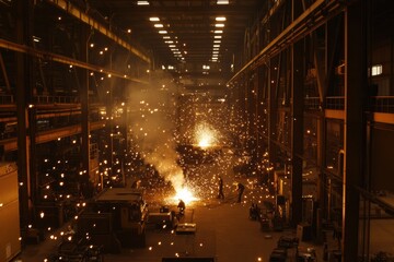 Leinwandbilder - Welders work diligently in a large industrial workshop, creating sparks that illuminate the space during evening shifts. Generative AI