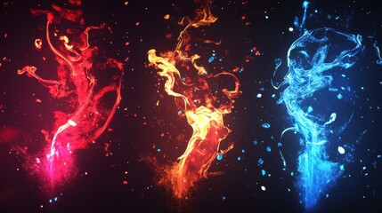 Poster - Vibrant Abstract Colorful Smoke and Liquid Splashes in Red, Orange, and Blue Against Dark Background Displaying Artistic Fluid Dynamics