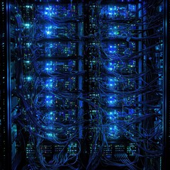 Poster - Intricate View of Data Center with Brightly Illuminated Server Racks and Complex Network of Connected Cables and Wires Highlighting Technology Infrastructure