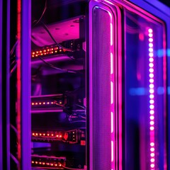 Poster - Close-Up of Colorful LED Lights Glowing on Modern Computer Hardware in High-Tech Environment, Showcase of Digital Technology and Innovation
