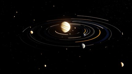 Wall Mural - Stunning Visualization of the Gas Giant Jupiter Surrounded by Its Moons and Orbiting Rings in Deep Space with a Black Background and Bright Stars