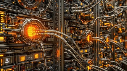 Poster - Abstract Close-Up of High-Tech Server Room with Glowing Orange Lights and Interconnected Cables, Showcasing Modern Data Storage Technology and Complexity