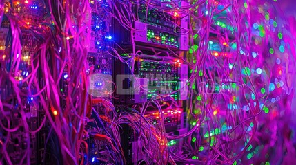 Poster - Vibrant Data Center Cabling with Multicolored LED Lights Creating a Dynamic and Futuristic Atmosphere for Technology and Innovation Themes