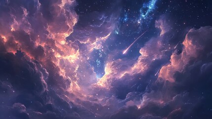 Wall Mural - a celestial sky filled with fluffy clouds, sparkling stars, and shooting stars