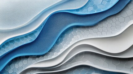 Poster - Abstract Waves of Blue and White Textures Featuring Hexagonal Patterns and Fluid Layers in a Modern Design
